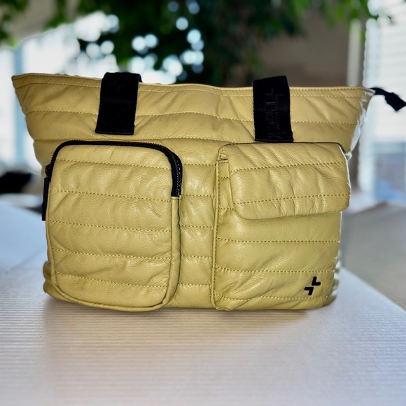 Tracker Quilted Tote Bag, Airline Personal Item, RFID inside pocket, Chartreuse - Picture 1 of 11
